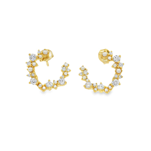 04868 Aretes medio aro zirconias y perlas dorado