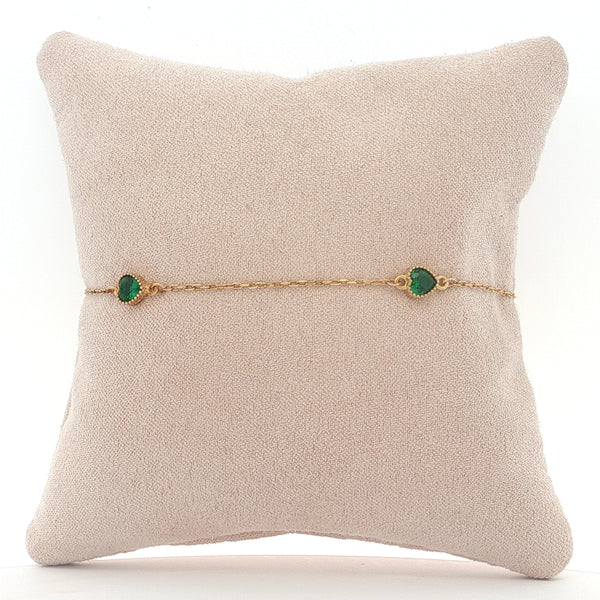 23-0245 TOBILLERA CUATRO CORAZONES VERDES EN DORADO