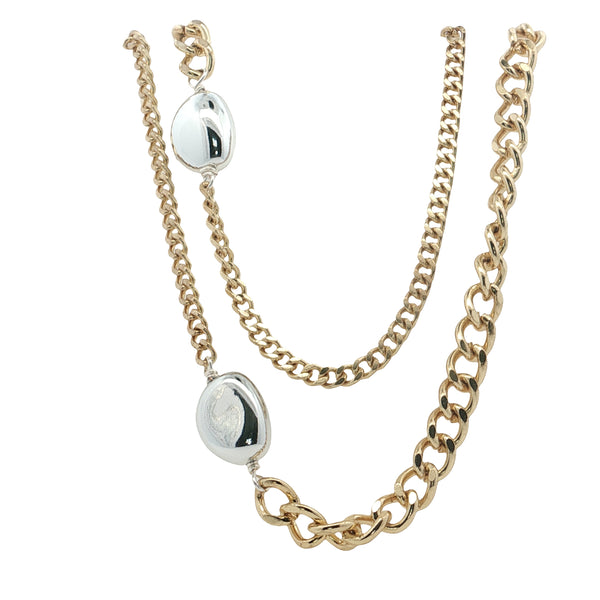 25-9328 Collar largo combinacion cadena y ovalo plateado