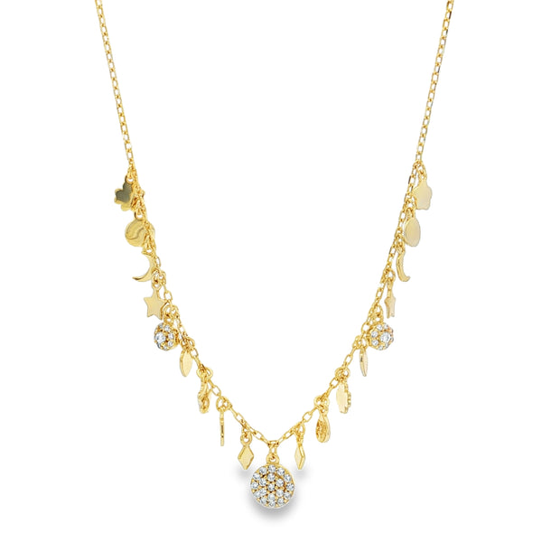 25-73507 Collar charms lunas estrellas flores circulos con zirconias dorado