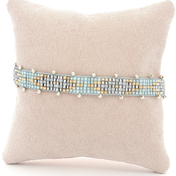 25-7964 Pulsera rombos plateado dorado y verde menta