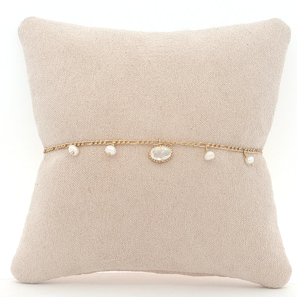 25-0701 Pulsera piedra lunar arcoiris y perlas blancas