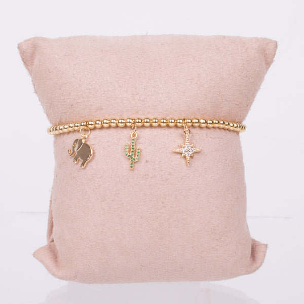 21-0402 PULSERA ESFERAS CON CHARMS ESTRELLA CACTUS ELEFANTE