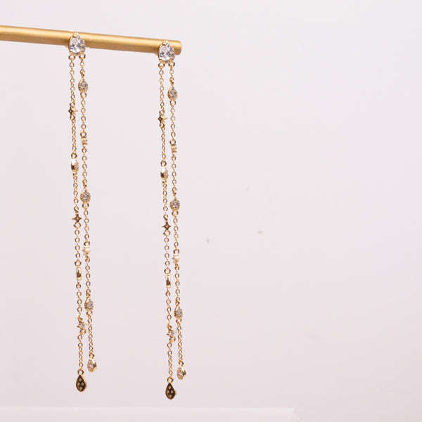25-73342 Aretes gota con cadenas de gotas dorado