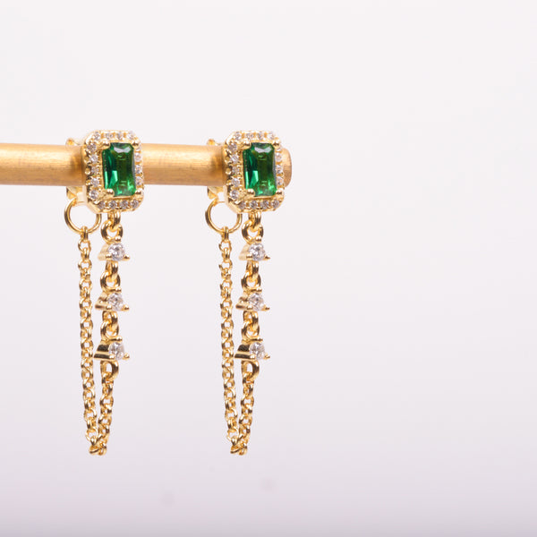 25-73485 Aretes rectangulo verde con cadena zirconias